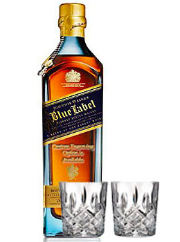 JOHNNIE WALKER SCOTCH BLUE LABEL - 750ML CUSTOM ENGRAVED WITH 2 MARQUIS BY WATERFORD GLASSES                                    