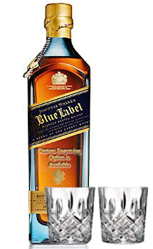CUSTOM ENGRAVED JOHNNIE WALKER BLUE LABEL SCOTCH WITH 2 MARQUIS BY WATERFORD GLASSES
